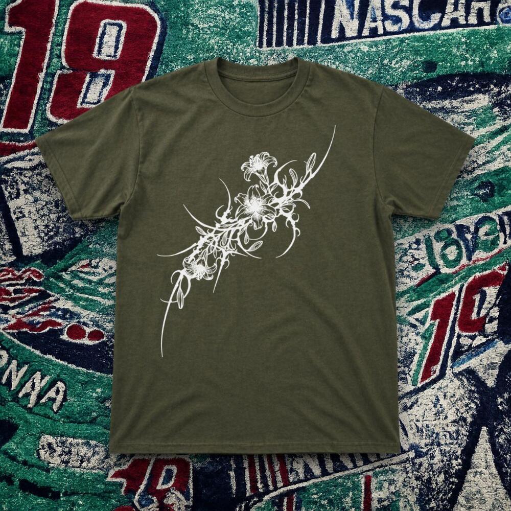 Floral Line Art Graphic Tee Military Green Unisex